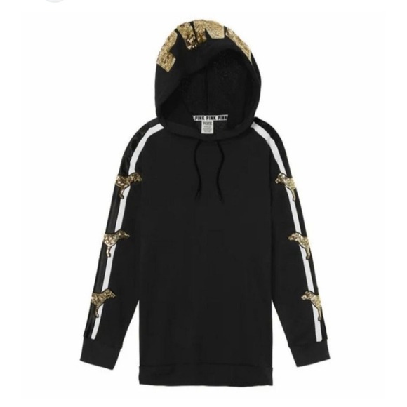 PINK Victoria's Secret Tops - VICTORIA'S SECRET VS PINK BLACK GOLD BLING PUP DOG LOGO SWEATSHIRT SMALL SEQUIN